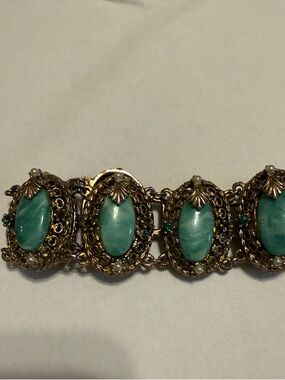 Vintage 1970s Gold Bracelet with Green Cabochon Stones